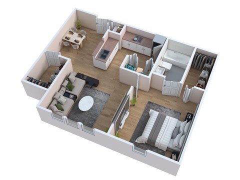 A 3D floor plan of a house with a living room, kitchen, dining room, and bedrooms.